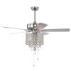 52'' Classical Crystal Ceiling Fan Lamp 3 Speed Hand Pull Chain (High, Mid, Low), 5 Reversible Blades for Living Room, Dining Room, Bedroom