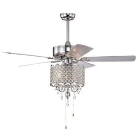 52'' Classical Crystal Ceiling Fan Lamp 3 Speed Hand Pull Chain (High, Mid, Low), 5 Reversible Blades for Living Room, Dining Room, Bedroom
